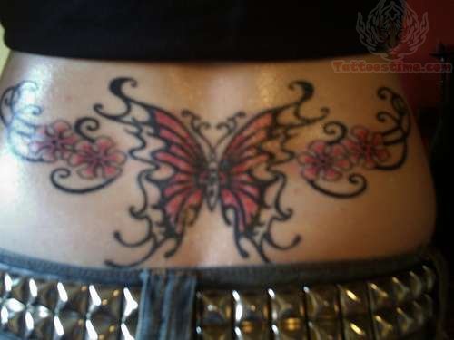 Beautiful Butterfly And Flowers Lower Back Tattoo